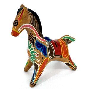 Mexican Folk Art Pottery Clay Horse Bank Terra Cotta Hand Painted Vintage 7" L